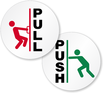 Cartoon image of pushing and pulling to open a door